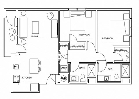 Floor plan for 2 beds, 2 baths, 1027 sqft